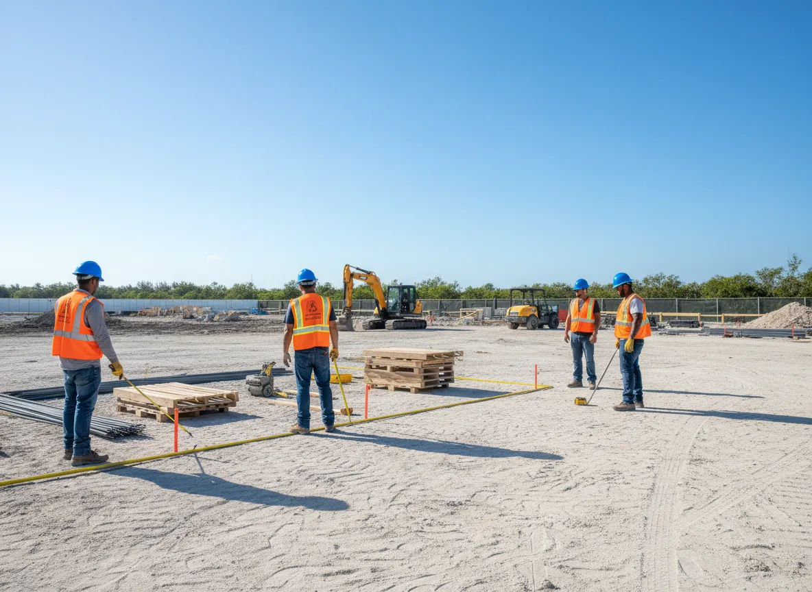Terreno limpio y organizado para pre-construcción con trabajadores preparando el área